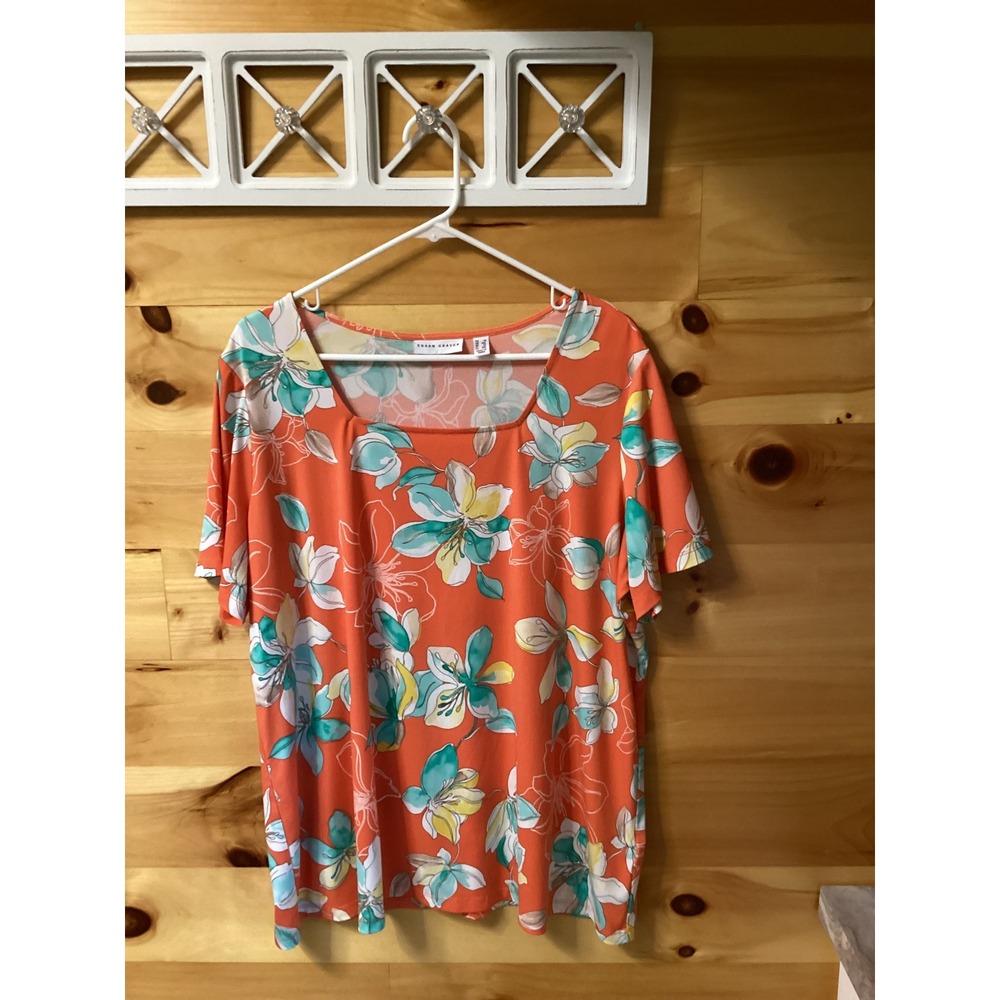 Susan Graver Liquid Knit Orange‎ Floral Square Neck Short Sleeve Top Plus 1X